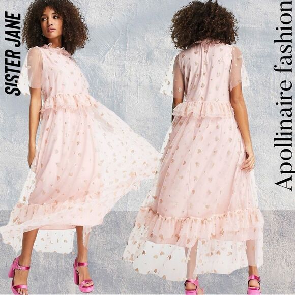 SISTER JANE SOUVENIR HEARTS MIDI DRESS IN VEILED ROSE PINK LARGE - Picture 1 of 9